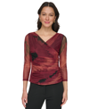 DKNY WOMEN'S 3/4-SLEEVE PRINTED MESH V-NECK TOP