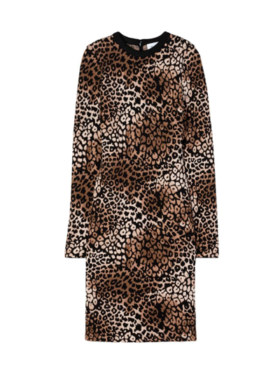 St John Leopard Jacquard Side-stripe Long-sleeve Dress In Camel/black Multi