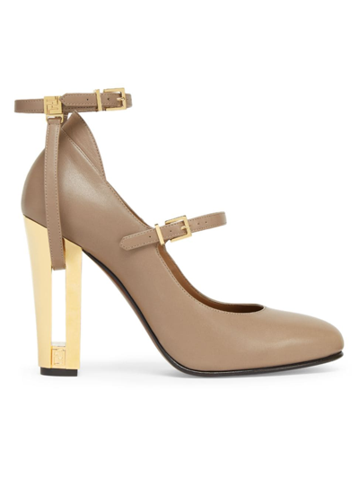 Fendi Women's 95mm Leather Traced Heel Mary Janes In Taupe