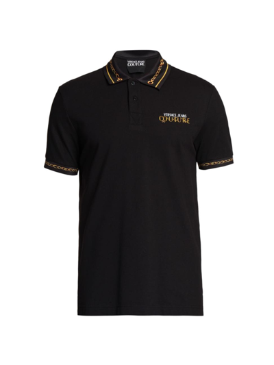 Versace Jeans Couture Poloshirt Mit Ketten-print In Black Gold
