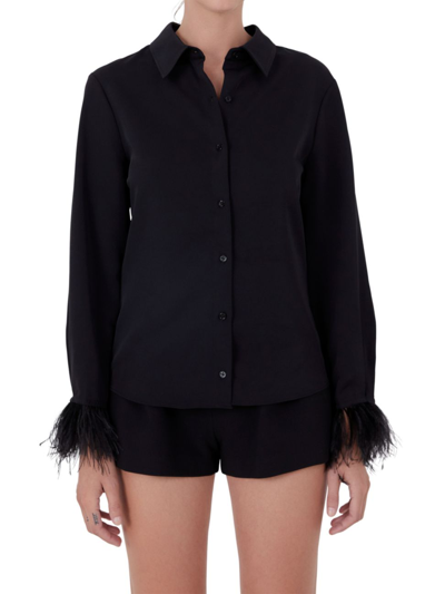 Endless Rose Women's Feather Trimmed Fitted Blouse Top In Black