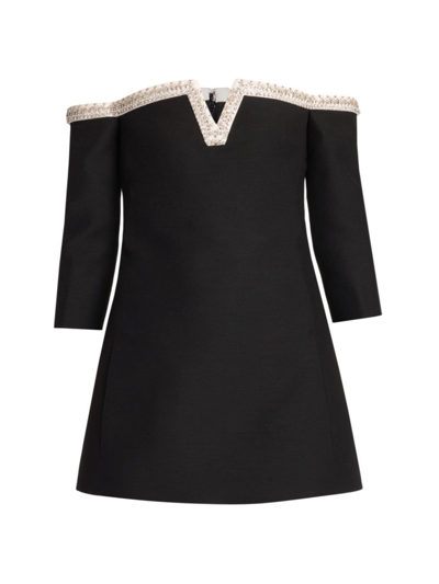 Valentino Off-the-shoulder Embellished Wool And Silk-blend Crepe Mini Dress In Black