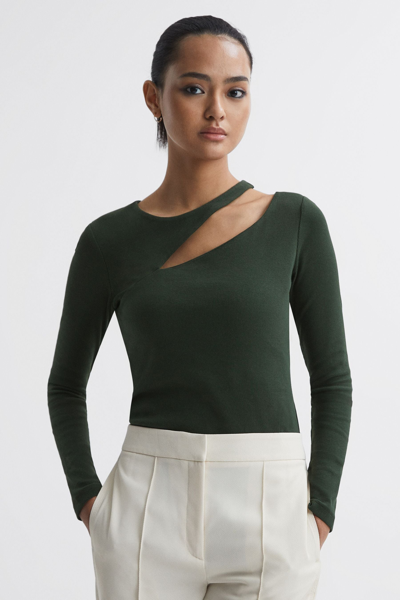 Reiss Myla - Green Cotton Cut-out Long Sleeve Top, M