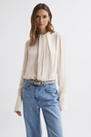 REISS PALOMA - CREAM PLEAT FRONT LONG SLEEVE BLOUSE, US 0