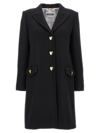 Moschino Heart Button Coat In Black