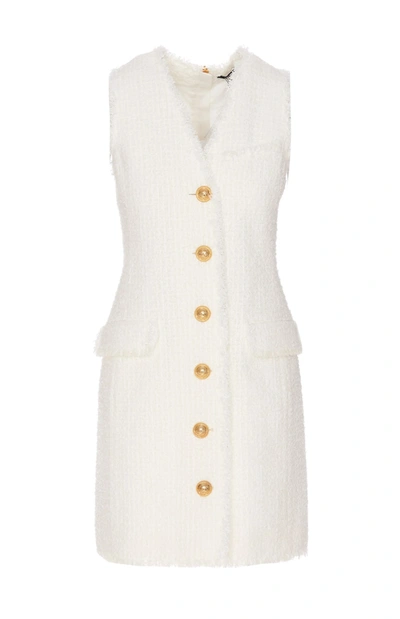 Balmain V-neck Buttoned Tweed Minidress In White