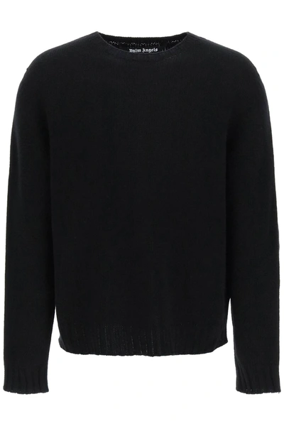 Palm Angels Curved Logo Wool Sweater In Black/white