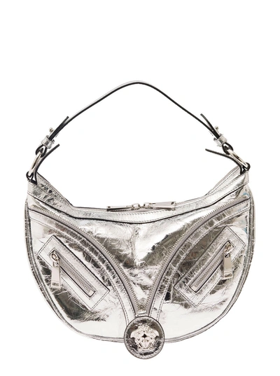 Versace 'hobo' Silver Hand Bag With Medusa Detail In Laminated Leather Woman In Metallic