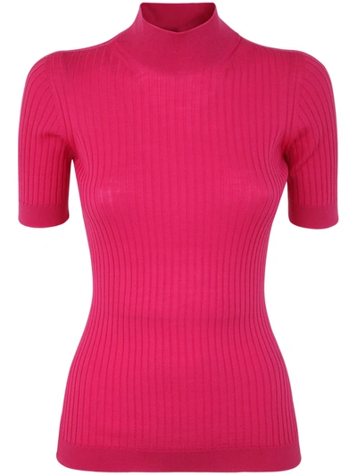 Versace Wool Rib Knit Turtleneck Top In Hot Pink
