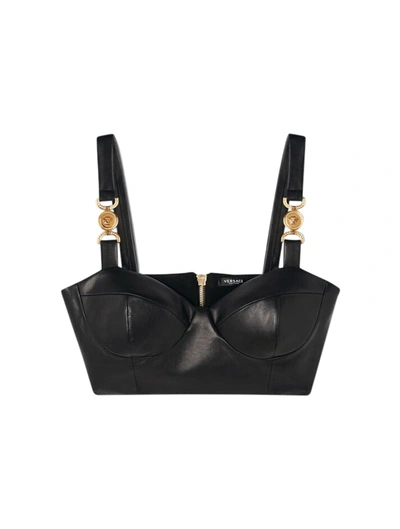 Versace Embellished Jersey-paneled Leather Bustier Top In Nero