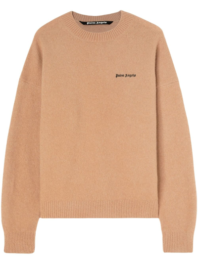 Palm Angels Logo-embroidered Wool-blend Jumper In Cream