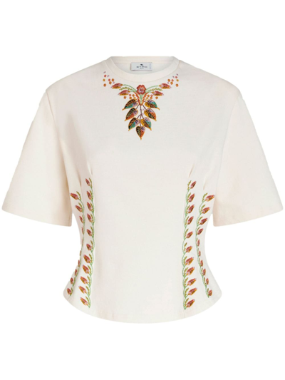 Etro Waist Fitted T-shirt With Foliage Embroidery In White