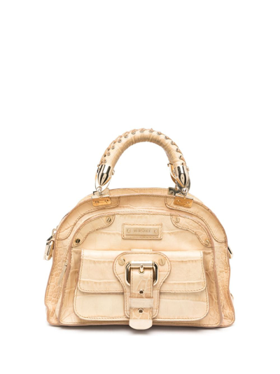 Pre-owned Versace 2000s Small Decorative-buckle Crocodile-embossed Handbag In Neutrals