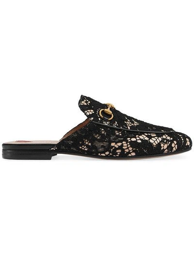 Gucci Princetown Floral-lace Backless Loafers In Black