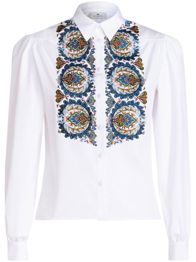 Etro Cotton Button-front Shirt With Embroidered Paisley Detail In White