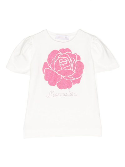 Monnalisa Kids' Floral-print Cotton T-shirt In White