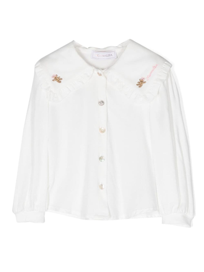 Monnalisa Babies' Logo-embroidered Long-sleeve Shirt In White