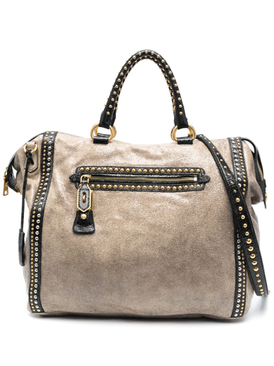 Pre-owned Prada 2010s Stud-embellished Zipped Two-way Bag In Neutrals