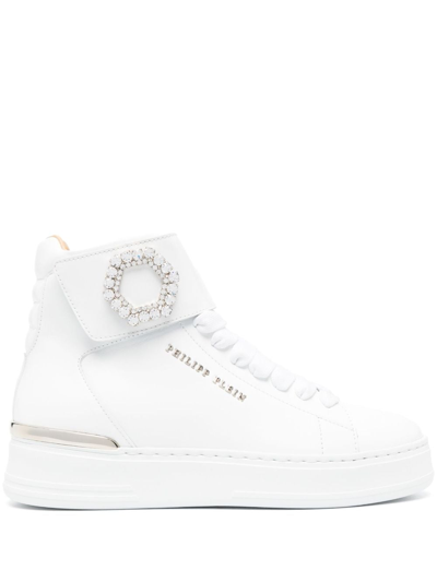 Philipp Plein Crystal Leather Hi-top Sneakers In White