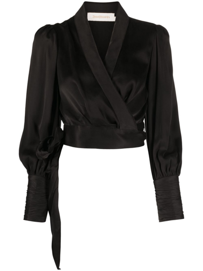 Zimmermann Silk Blouson-sleeve Wrap Top In Black
