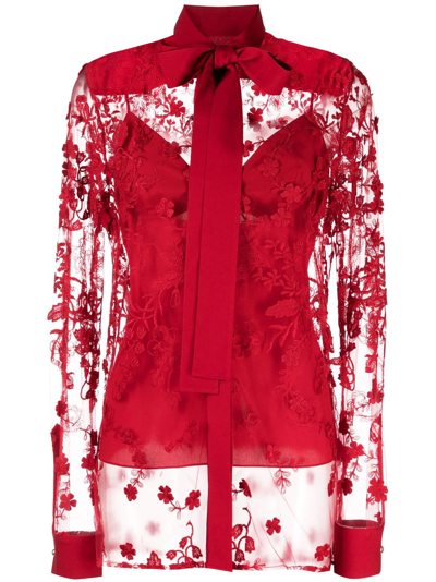 Elie Saab Floral-embroidery Tulle-overlay Shirt In Red