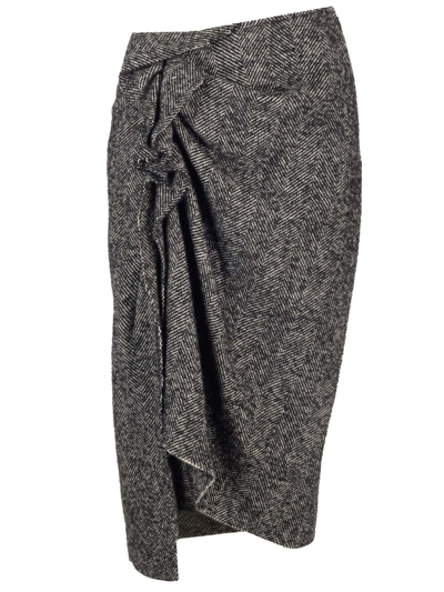 Dries Van Noten Wrap-effect Gathered Herringbone Wool-blend Midi Skirt In Black