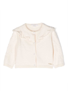 CHLOÉ WHITE CARDIGAN WITH FRILL AND EMBROIDERED LOGO IN COTTON AND WOOL BABY