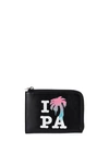 PALM ANGELS MEN'S LUXURY WALLET   BLACK LEATHER WALLET WITH PINK AND BLUE PALM ANGELS GRAPHITY PALM LOGO