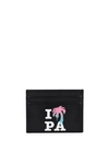 PALM ANGELS MEN'S LUXURY WALLET   BLACK LEATHER CARDHOLDER WITH PINK AND BLUE PALM ANGELS GRAPHITY PALM LOGO