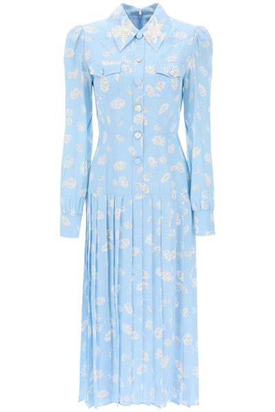 Alessandra Rich Crepe De Chine Shirt Dress With Daisy Motif In Light Blue