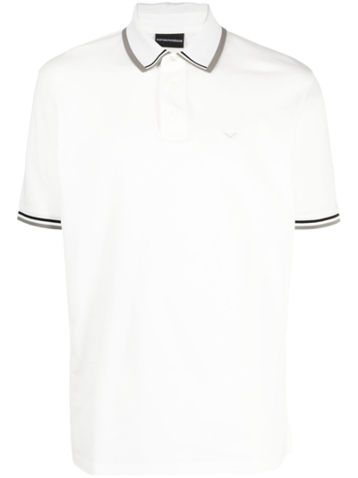 Emporio Armani Striped Trim Cotton Polo Shirt In White