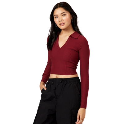 Cozi Womens  Perfect Ribbed Long Sleeve Polo In Mueller Wine