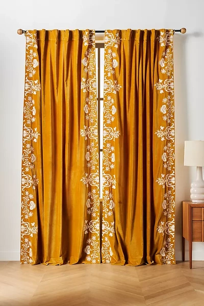 Anthropologie Embroidered Velvet Harlowe Curtain By  In Yellow Size 50" X 96"