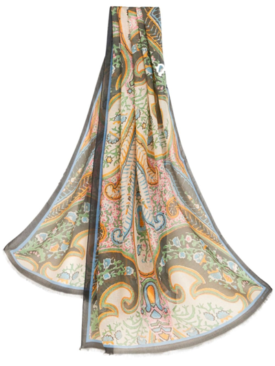 Etro Paisley-print Frayed Modal Scarf In Blue