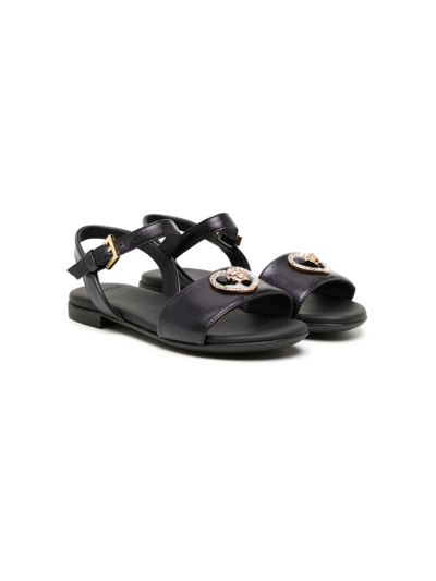 Versace Kids' Crystal-embellished Medusa Heart Metallic-leather Sandals 8-10 Years In Blk/other