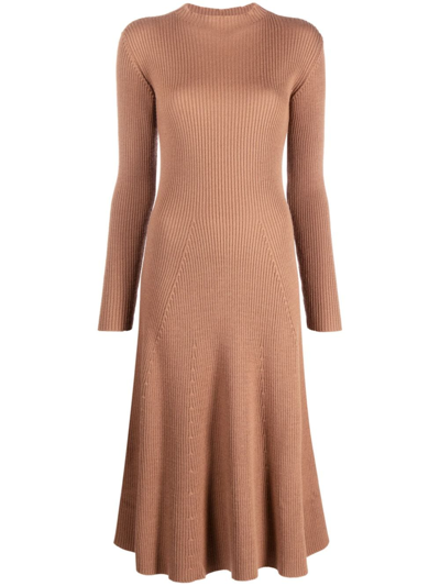 Moncler Ribbed Knit Wool Midi Dress In Camel