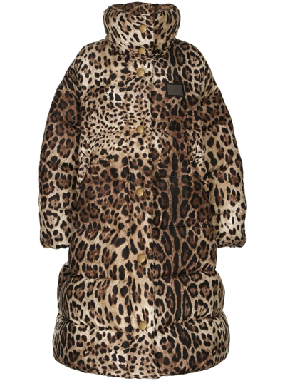 Dolce & Gabbana Leopard-print Oversize Padded Coat In Brown
