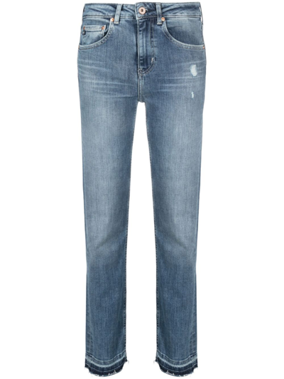Ag Girlfriend Distressed Tapered Jeans In Blue