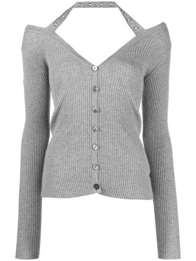 Blumarine Halterneck Ribbed-knit Cardigan In Grey