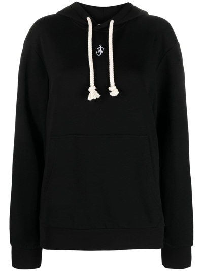 Jw Anderson Logo-embroidered Cotton Blend Hoodie In Black