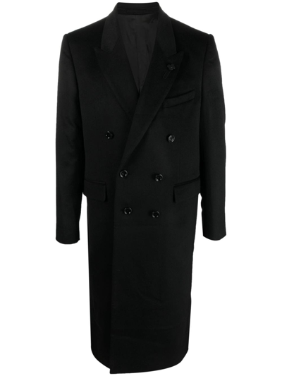 Lardini Brooch-detail Double-breasted Coat In Black