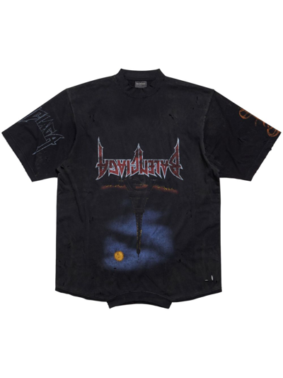 Balenciaga Upside Down Distressed Printed Cotton-jersey T-shirt In Black Faded