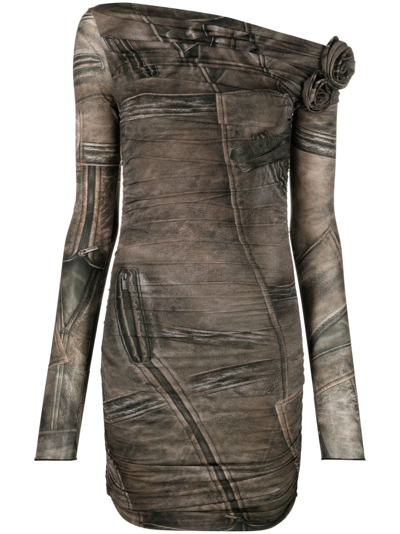 Blumarine Mini Dark Beige Dress With All-over Denim Print In Stretch Fabric Woman In Bronzegree/mushroom