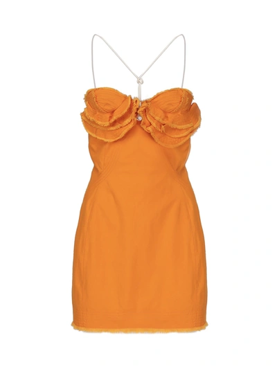 Jacquemus Artichaut Ruffled Frayed Cotton-canvas Mini Dress In Orange