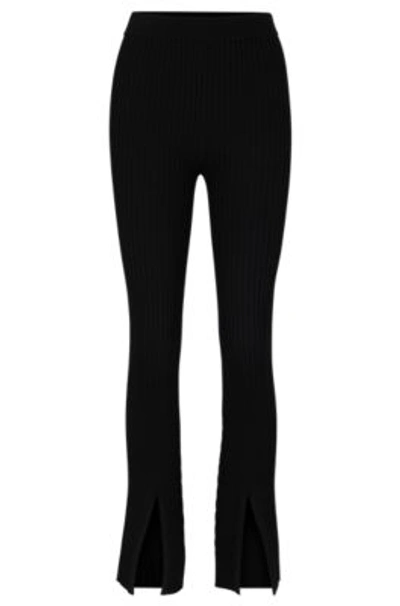Hugo Ribbed-crepe Regular-fit Trousers With Slit Hems In Black