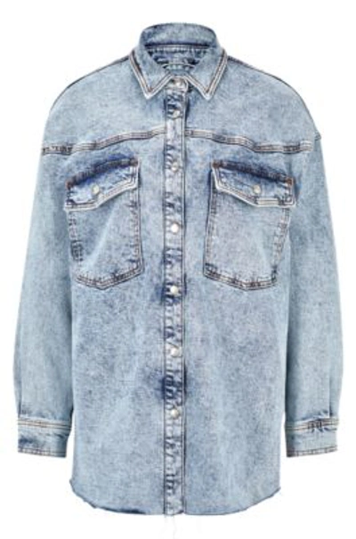Hugo Relaxed-fit Shirt In Moonwashed Denim With Patch Pockets In Turquoise