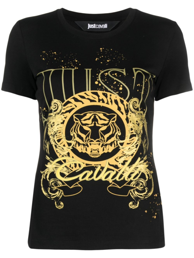 Just Cavalli Tiger Head-motif Cotton T-shirt In Black