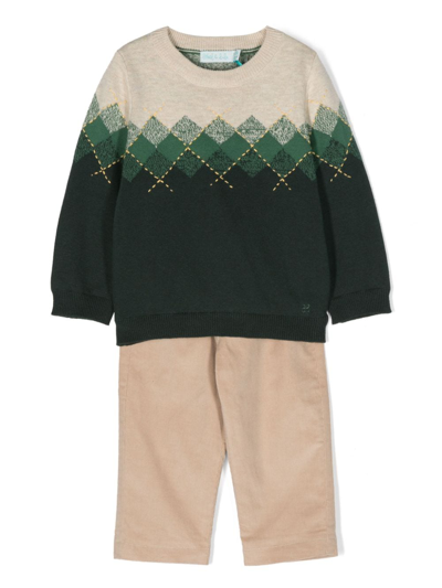 Abel & Lula Babies' Intarsia-knit Jumper And Trousers Set In Neutrals