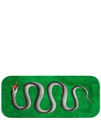 Fornasetti Serpente Hand-decorated Wood Tray In Green