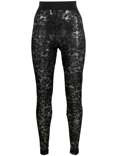 Dolce & Gabbana Floral-lace Logo-waistband Leggings In Black